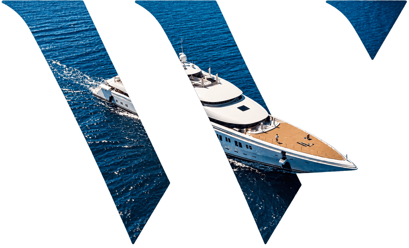 Stylized W monogram framing a superyacht on the water