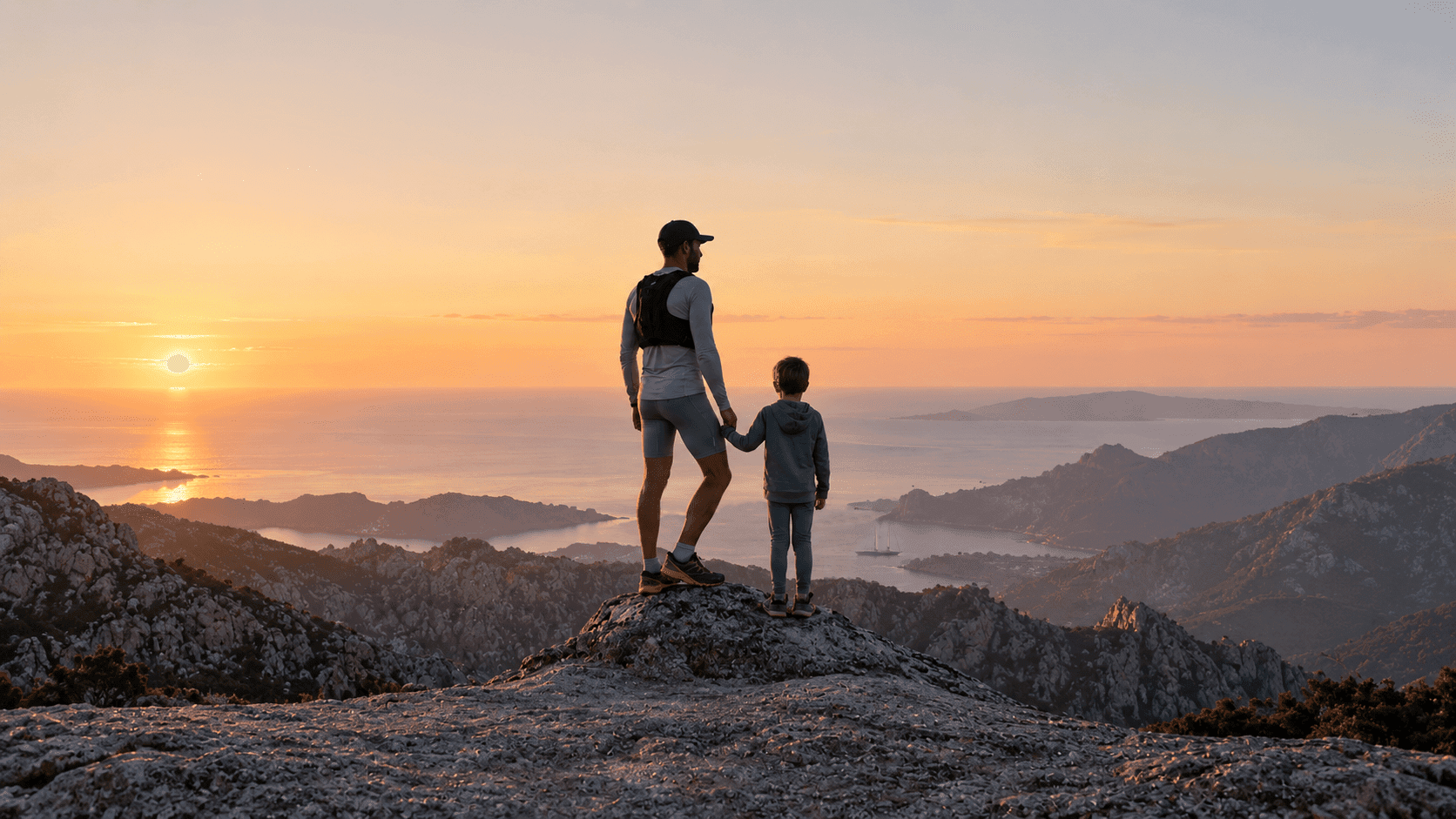 Mountain landscape at sunset, figures in the distance