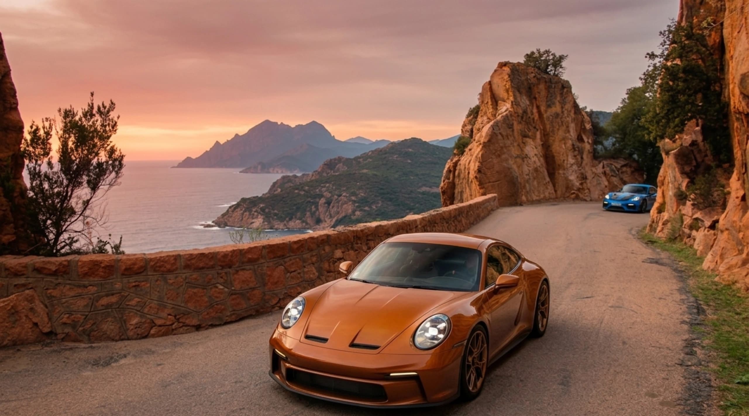 Sports cars driving along a coastal road
