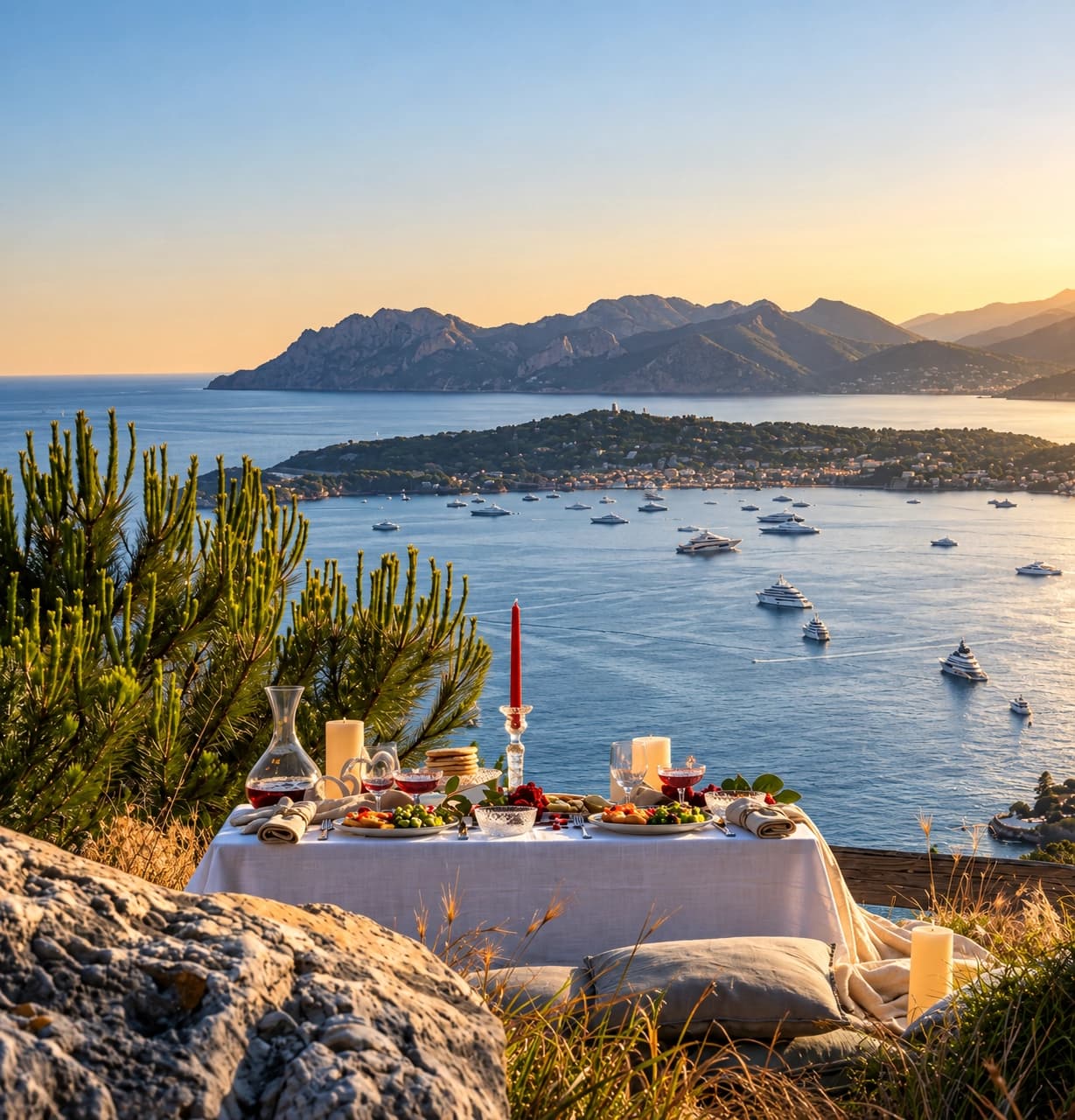 Wine and coastal scene with guests by the water