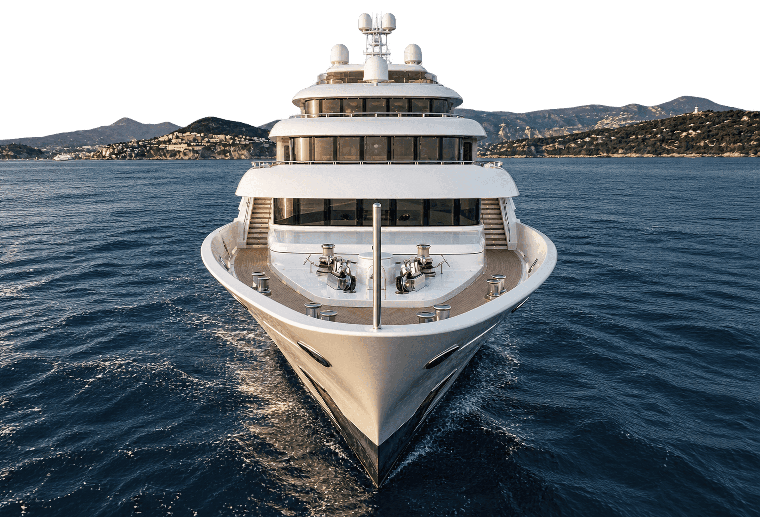 Front view of a luxury yacht at sea